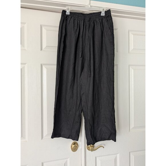 100% linen Black Wide Leg pants Highrise Drawstring Pockets Sz Lg 28Stretchyx24 - Picture 2 of 10